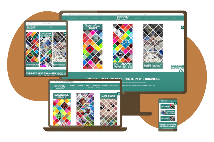 An image showing how the site Elyse designed, Specialty Materials, looks on a desktop, laptop, tablet, and phone.